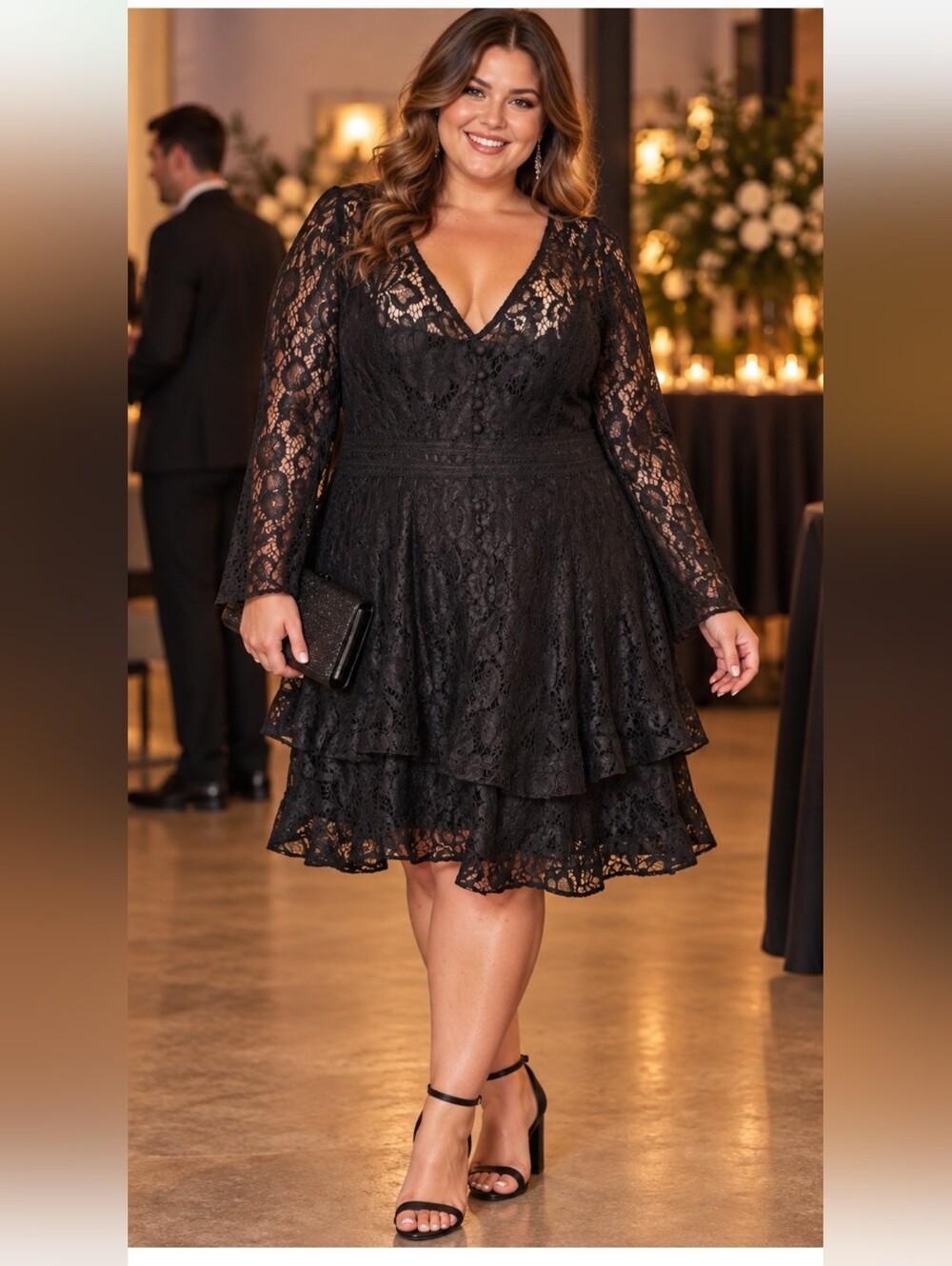 City Chic Size 20 Black Floral Lace Long Sleeve Fit & Flare Party Dress